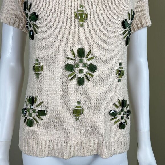 J. Crew Women's Size XXS Cream Linen Jeweled Medallion Knit Crewneck Sweater Top - Picture 11 of 13